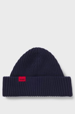 Ribbed wool-blend beanie hat with red logo label, Dark Blue
