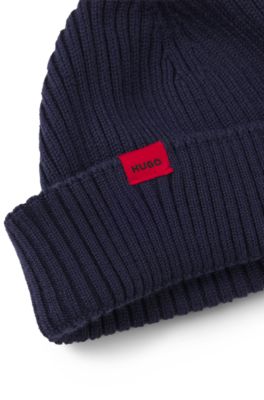 Gerippte M&uuml;tze aus Woll-Mix mit rotem Logo-Label, Dunkelblau