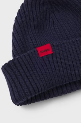 Ribbed wool-blend beanie hat with red logo label, Dark Blue