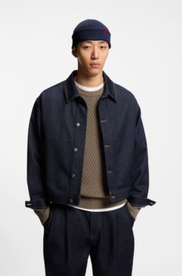 Gerippte M&uuml;tze aus Woll-Mix mit rotem Logo-Label, Dunkelblau