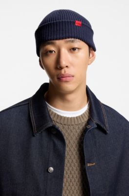 Gerippte M&uuml;tze aus Woll-Mix mit rotem Logo-Label, Dunkelblau