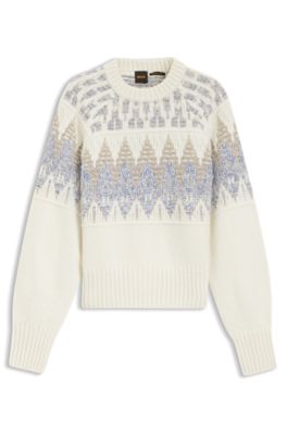 Wool-blend sweater with geometric-jacquard artwork, White Patterned