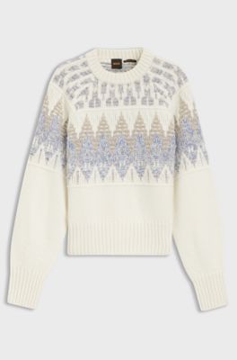Maglione in misto lana con fantasia jacquard geometrica, Bianco a motivi