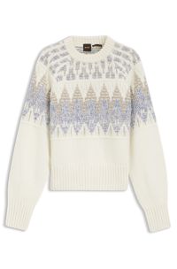 Wool-blend sweater with geometric-jacquard artwork, White Patterned