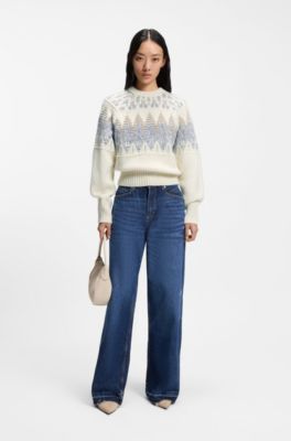 Wool-blend sweater with geometric-jacquard artwork, White Patterned