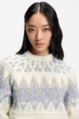 Wool-blend sweater with geometric-jacquard artwork, White Patterned