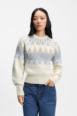 Wool-blend sweater with geometric-jacquard artwork, White Patterned