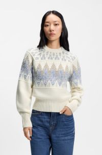 Wool-blend sweater with geometric-jacquard artwork, White Patterned