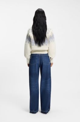 Wool-blend sweater with geometric-jacquard artwork, White Patterned