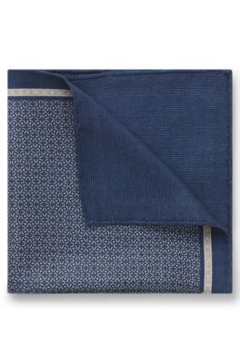Italian-made pocket square in printed silk, Dark Blue
