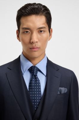 Italian-made pocket square in printed silk, Dark Blue