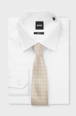 Italian-made tie in silk jacquard, Beige Patterned