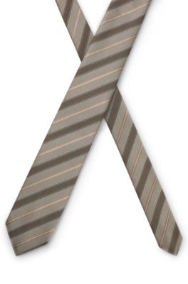 Diagonal-striped tie in silk jacquard, Beige Patterned