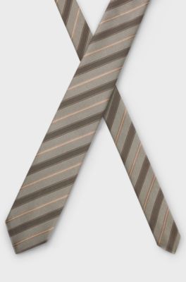 Diagonal-striped tie in silk jacquard, Beige Patterned