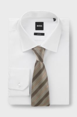 Diagonal-striped tie in silk jacquard, Beige Patterned