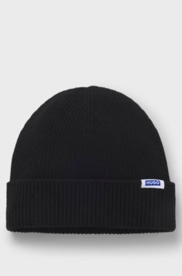 Rib-knit beanie hat with logo label, Black