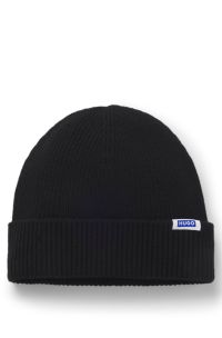 Rib-knit beanie hat with logo label, Black