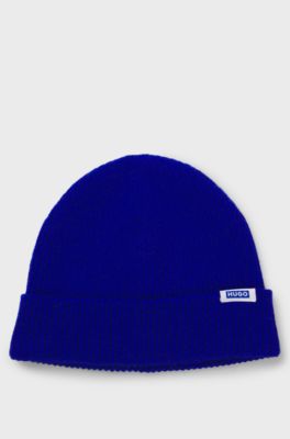 Rib-knit beanie hat with logo label, Blue