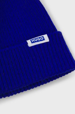 Rib-knit beanie hat with logo label, Blue