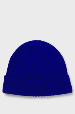 Rib-knit beanie hat with logo label, Blue