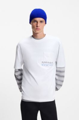 Rib-knit beanie hat with logo label, Blue