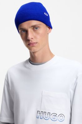 Rib-knit beanie hat with logo label, Blue