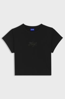 Stretch-cotton extra-slim-fit T-shirt with rhinestone logo, Black