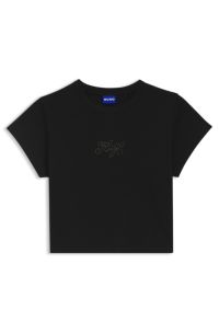 Stretch-cotton extra-slim-fit T-shirt with rhinestone logo, Black