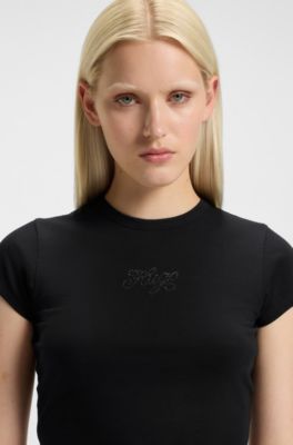 Stretch-cotton extra-slim-fit T-shirt with rhinestone logo, Black
