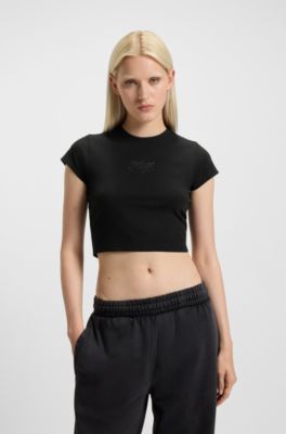 Stretch-cotton extra-slim-fit T-shirt with rhinestone logo, Black