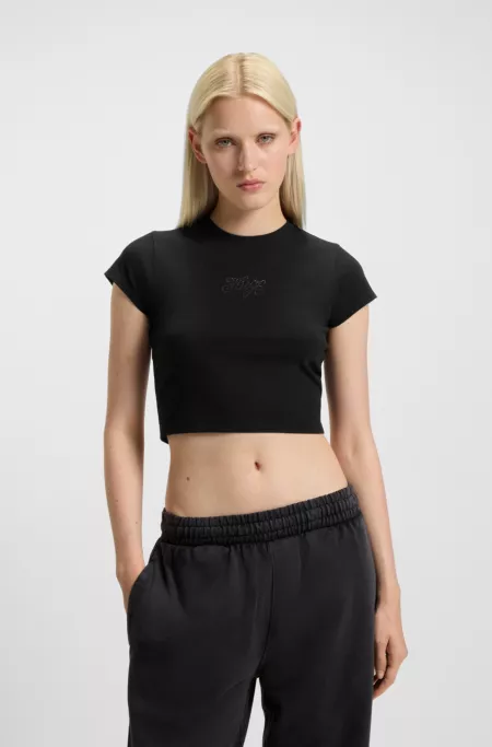 Stretch-cotton extra-slim-fit T-shirt with rhinestone logo
