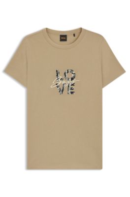 Slim-fit T-shirt in cotton jersey with logo artwork, Beige