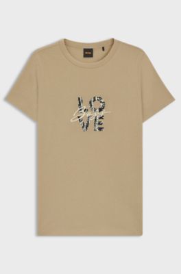 Slim-fit T-shirt in cotton jersey with logo artwork, Beige