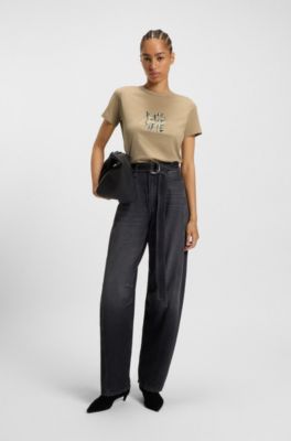Slim-fit T-shirt in cotton jersey with logo artwork, Beige