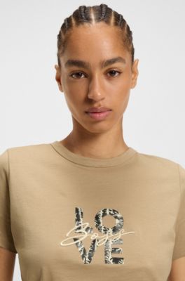 Slim-fit T-shirt in cotton jersey with logo artwork, Beige