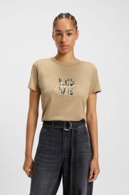 Slim-fit T-shirt in cotton jersey with logo artwork, Beige