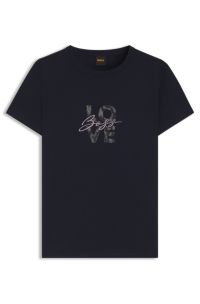 Slim-fit T-shirt in cotton jersey with logo artwork, Dark Blue