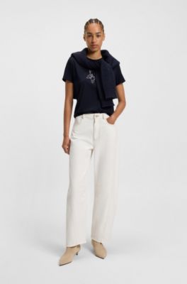 Slim-fit T-shirt in cotton jersey with logo artwork, Dark Blue