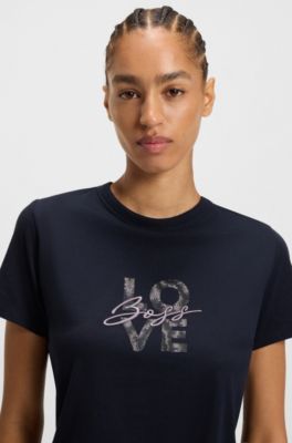 Slim-fit T-shirt in cotton jersey with logo artwork, Dark Blue