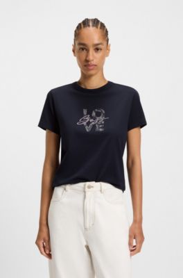 Slim-fit T-shirt in cotton jersey with logo artwork, Dark Blue