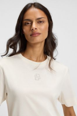 Mercerised-cotton T-shirt with rhinestone Double B, Natural