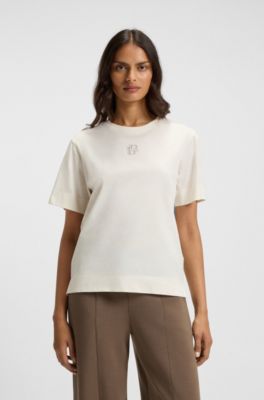 Mercerised-cotton T-shirt with rhinestone Double B, Natural