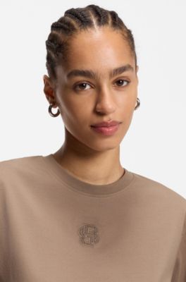 Mercerised-cotton T-shirt with rhinestone Double B, Light Brown