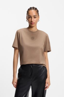 Mercerised-cotton T-shirt with rhinestone Double B, Light Brown
