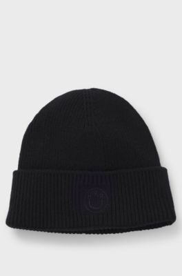 Beanie hat with Happy HUGO logo, Black