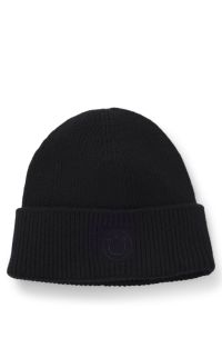 Beanie hat with Happy HUGO logo, Black