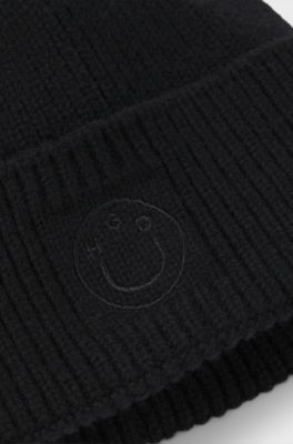 Beanie hat with Happy HUGO logo, Black