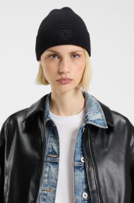 Beanie hat with Happy HUGO logo, Black