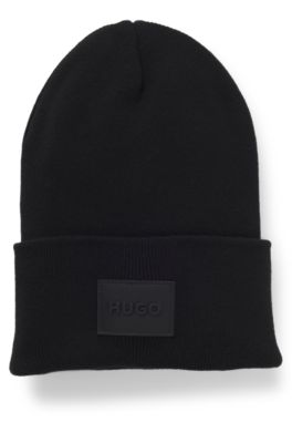 Knitted beanie hat in cotton with logo badge, Black