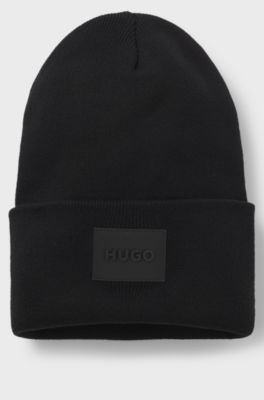 Cotton beanie hat with logo label, Black